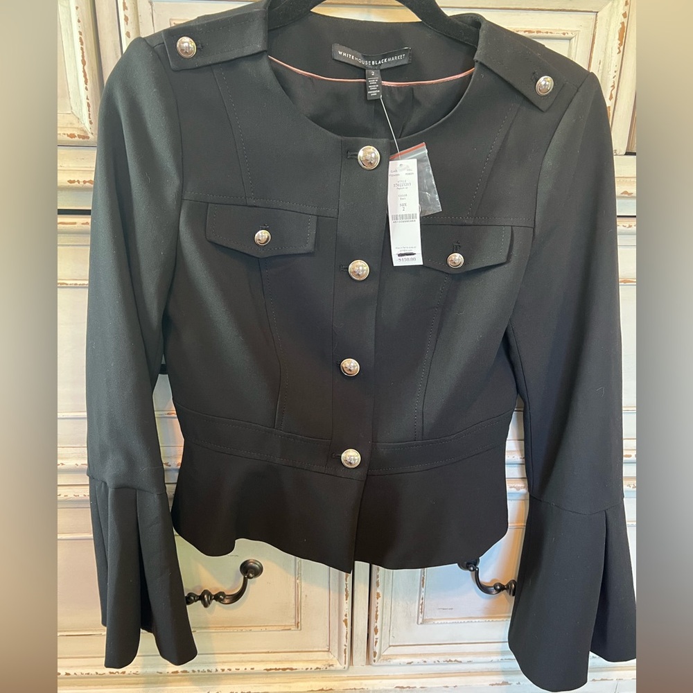 White House Black Market Black Peplum Military Jacket NWT Size 2